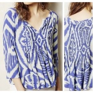 Anthropologie Vanessa Virginia Blouse Ikat Blue green Pintuck Pleated boho
